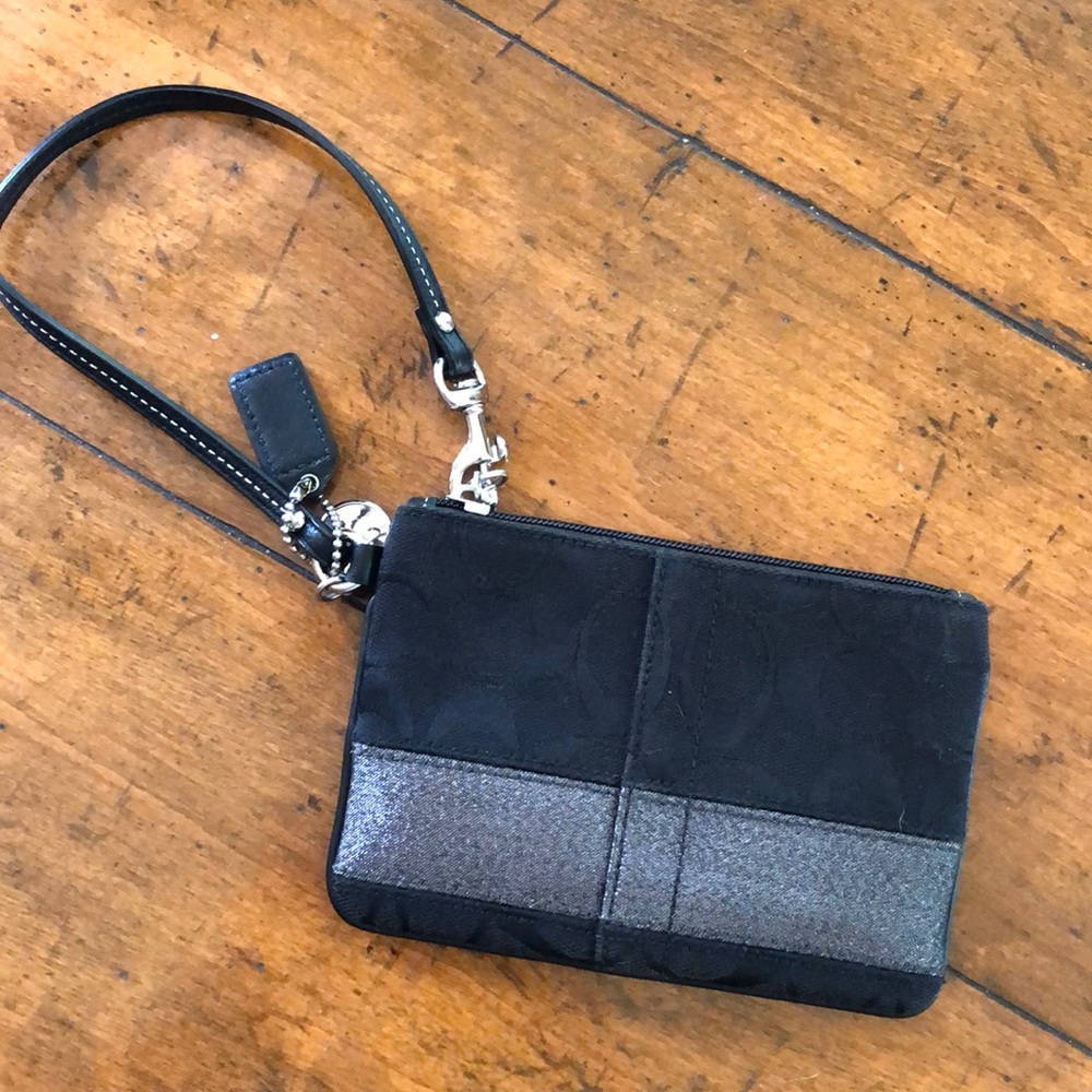 Black Coach Wristlet w/ silver sparkly stripe